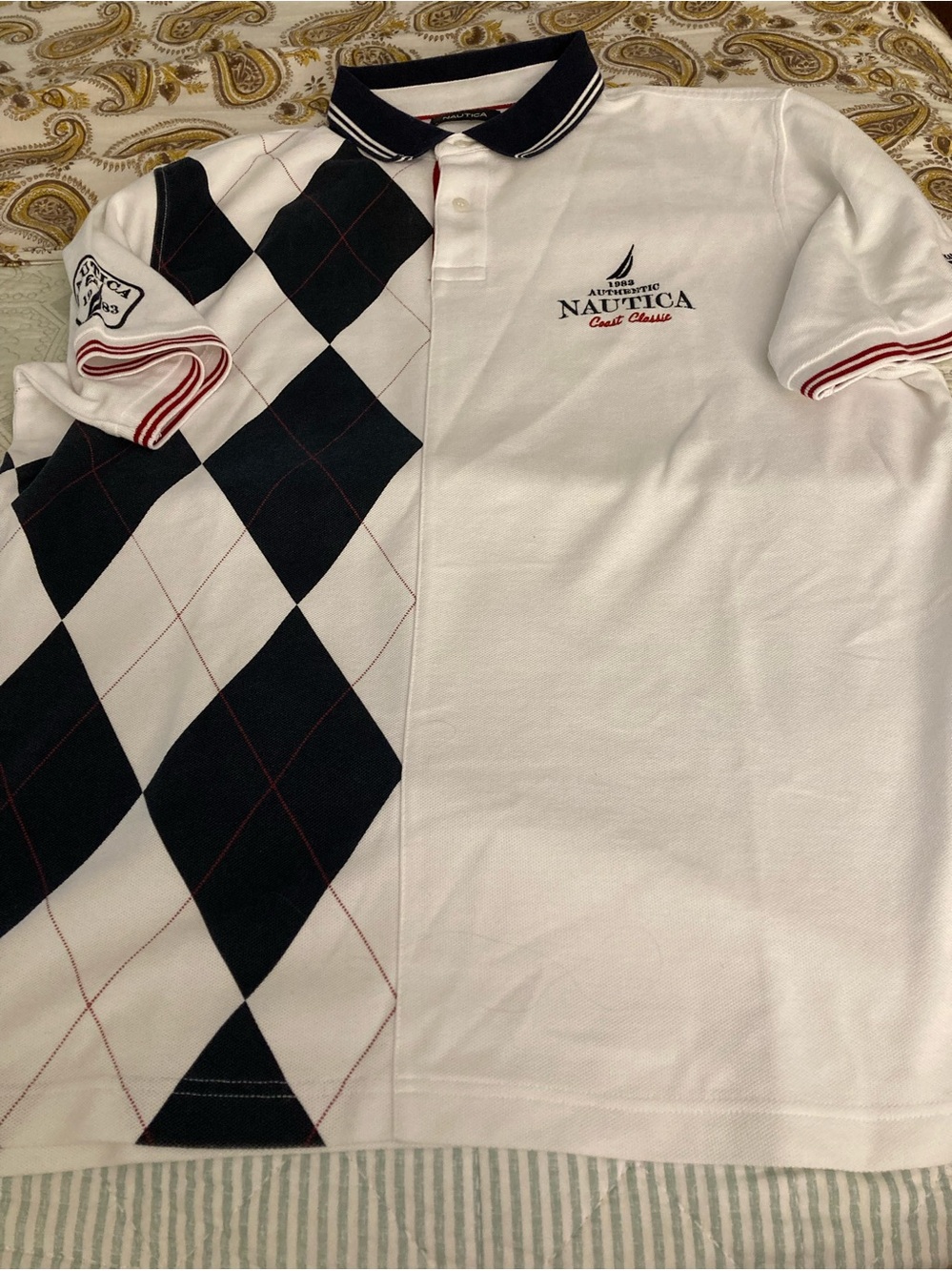 Nautica Coast Classic Polo Split Design Embroidered Branding Sleeve Patches Sz L